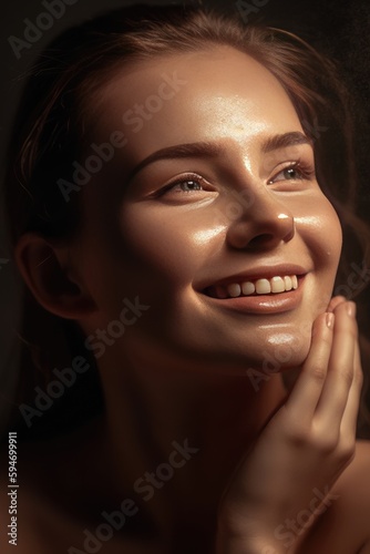 Fashion portrait of young beautiful glowing skin woman model, skin care, emphasizing the natural beauty and radiance of healthy skin, AI generated