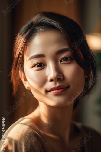 Fashion portrait of young beautiful glowing skin Asian woman model, skin care, emphasizing the natural beauty and radiance of healthy skin, AI generated