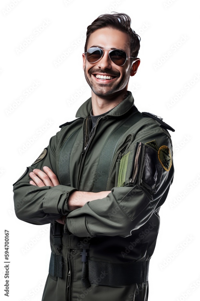 Handsome and positive male pilot at work. smiling, generative AI Handsome and positive male pilot at work. smiling, generative AI