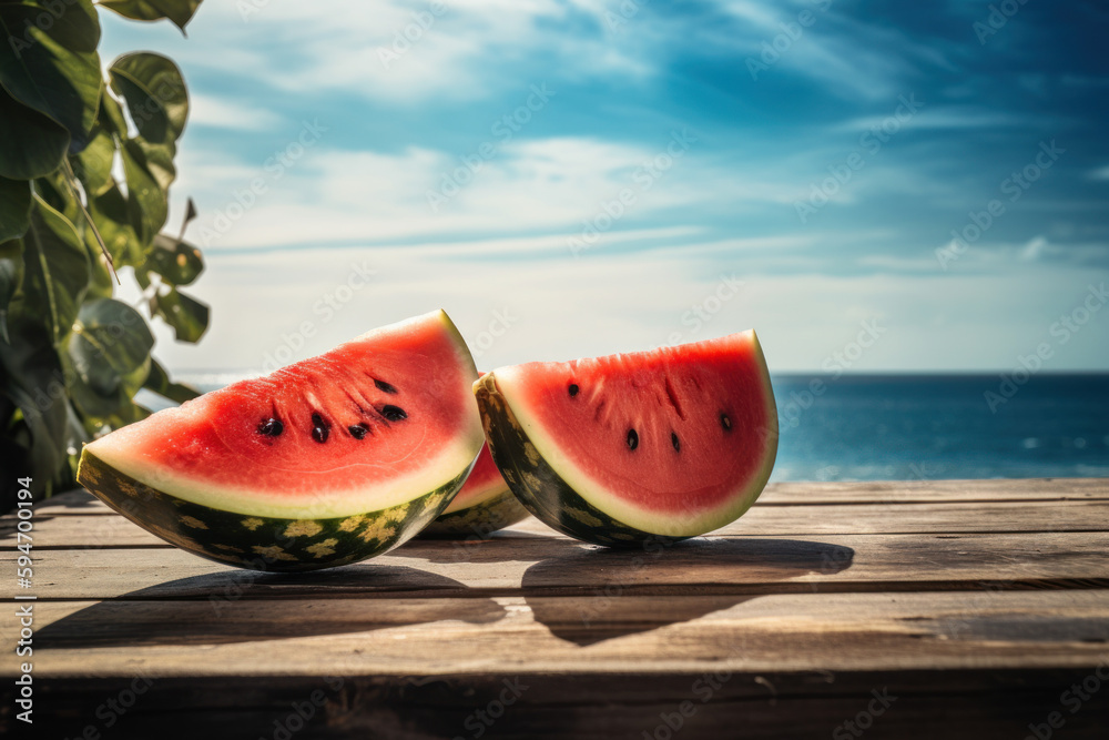 Watermelon on wood table at beach background. Summer vacation and food concept. Generative ai. Watermelon on wood table at beach background. Summer vacation and food concept. Generative ai.