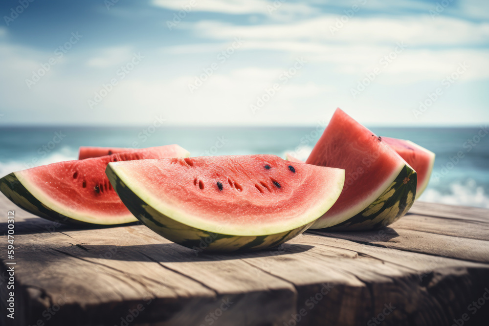 Watermelon on wood table at beach background. Summer vacation and food concept. Generative ai. Watermelon on wood table at beach background. Summer vacation and food concept. Generative ai.