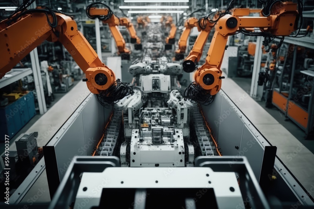 Modern factory using artificial intelligence robots and innovative technology, AI futuristic industry concept, AI generated Modern factory using artificial intelligence robots and innovative technology, AI futuristic industry concept, AI generated