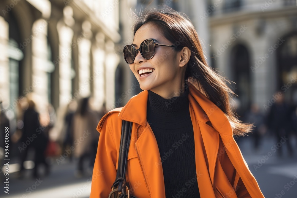Φωτογραφία Happy luxury asian woman travel shopping in urban city, vibrant, fashion, contem