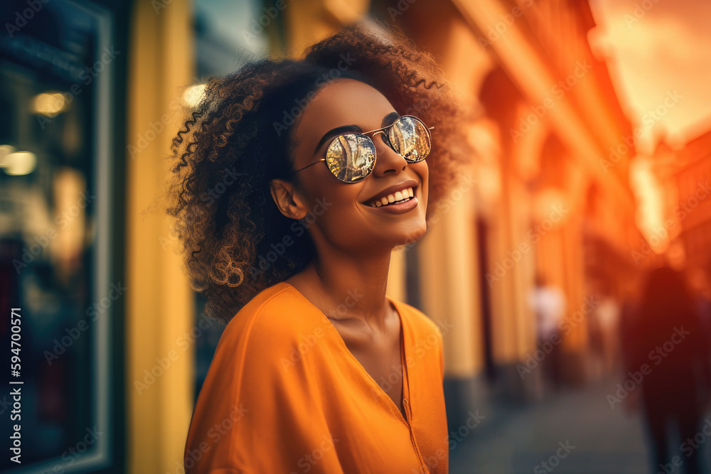 Φωτογραφία Happy luxury African woman travel shopping in urban city, vibrant, fashion, cont