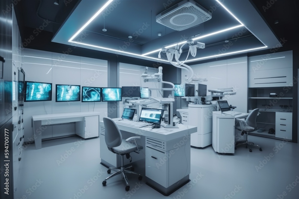Operating room in a modern clinic with computer equipment, high-tech, sterile, futuristic, medical Operating room in a modern clinic with computer equipment, high-tech, sterile, futuristic, medical