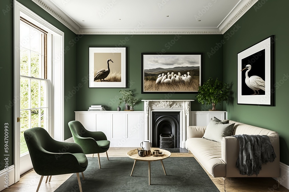 Fototapeta premium Green living room with fireplace