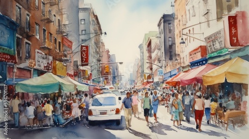 Watercolor artwork of a bustling city street scene with colorful buildings and people going about their day. Generative AI. © MoriMori