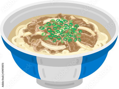 丼に入った、肉うどんのイラスト