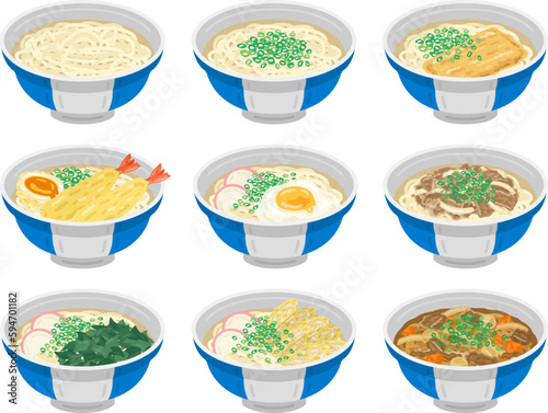 さまざまな種類の、うどんのイラストセット