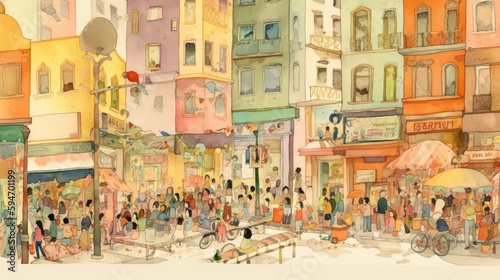 A watercolor artwork of a bustling city street scene with colorful buildings and people going about their day. Generative AI.