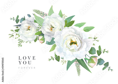 Beautiful, watercolor, vector floral bouquet. Holiday greeting, wedding invite, save the date card. Template design. White lisanthus flowers, jasmine, veronica, green leaves, seeded eucalyptus bouquet