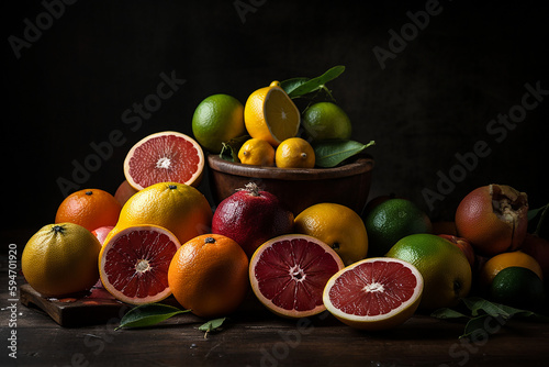 Citrus Fruits Still Life. Generative AI. A digital painting of a pile of cut and uncut citrus fruits.