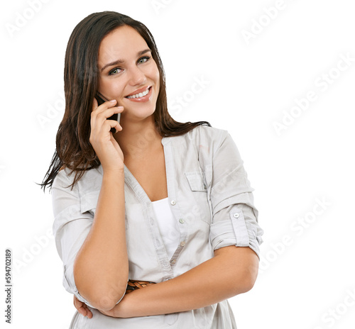 Phone call, portrait and woman isolated on transparent, png background for speaking, network and talking to mobile contact. Smartphone user, model or happy person for online communication on voip app photo