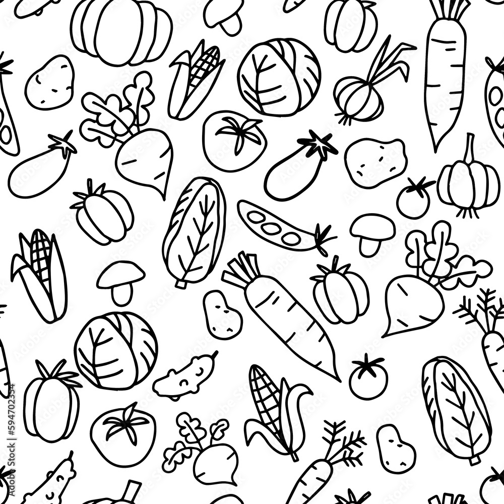 seamless pattern in doodle style. vegetables. funny drawings in children's style