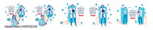 Telehealth, telemedicine, online doctor, online clinic and medical service online. Healthcare, medical, telemedicine, Telehealth concept. Patient consultation. Hand draw style. Vector illustration.