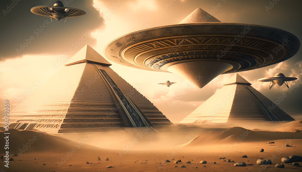Concept Egypt and Aliens. Egyptian pyramids as landing and takeoff ...