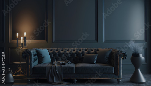 Stylish dark living room interior background, black wall witj green flowers, Scandinavian style. Generation AI © Adin