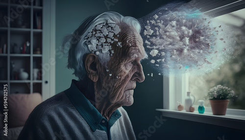 Concept dementia, memory loss. Senior old man losing parts of head as symbol of decreased mind function. Generation AI