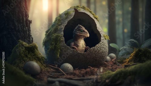 Young dinosaur T Rex hatches from an egg in forest in habitat, Jurassic period. Generation AI © Adin