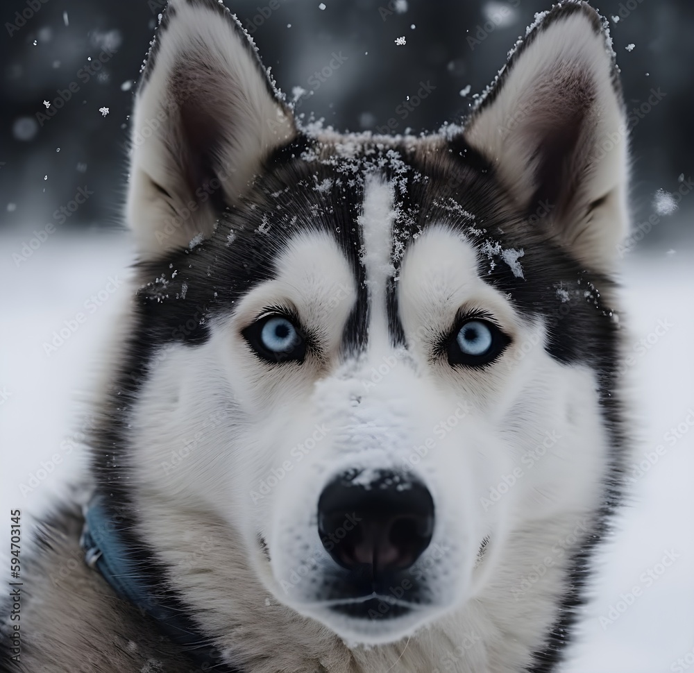 Husky Captivating eyes in the Snow Staring at Camera