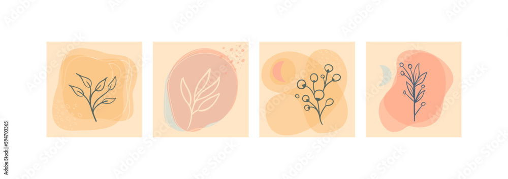 Set of abstract foliage wall art. Leaves, organic shapes, leaf branch, tree in vector line art style. Decoration collection design for interior, poster, cover, banner. Set of abstract foliage wall art. Leaves, organic shapes, leaf branch, tree in vector line art style. Decoration collection design for interior, poster, cover, banner.