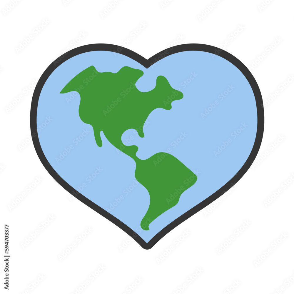 Heart shaped planet earth icon. Save the world. Eco friendly environmental message. Love. Map centered in America. Heart shaped planet earth icon. Save the world. Eco friendly environmental message. Love. Map centered in America.