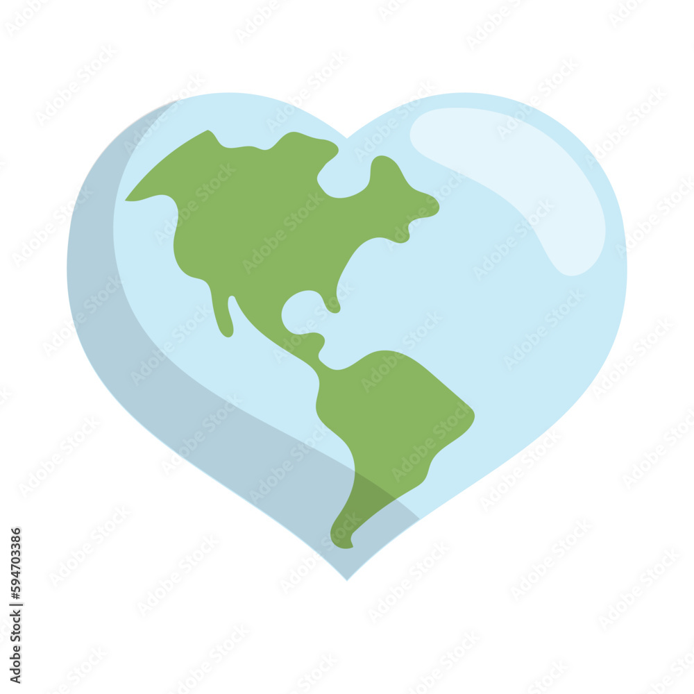 Heart shaped planet earth icon. Save the world. Eco friendly environmental message. Love. Map centered in America. Heart shaped planet earth icon. Save the world. Eco friendly environmental message. Love. Map centered in America.