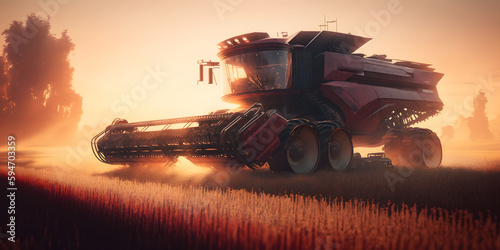 Combine harvester harvests ripe golden wheat, sunset. Banner agriculture. Generation AI