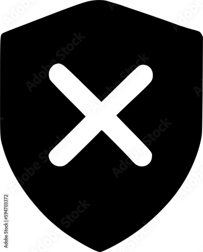 black shield shape icon with insecure crossmark ten, simple infographic flat design pictogram interface component for app ui ux interface web button, vector isolate on white background