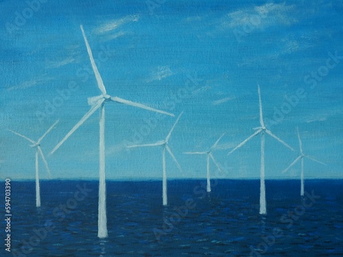Offshore wind farms. Offshore wind turbine park. Illustration on the topic of renewable energy resources. Realistic oil painting