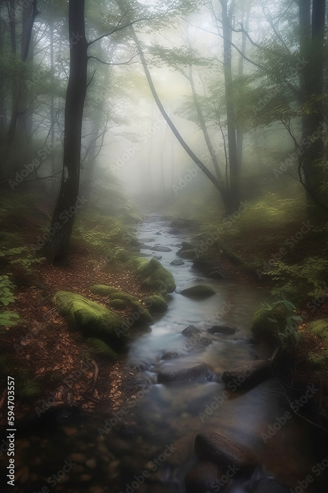 Obraz premium creek running through green forest in morning fog