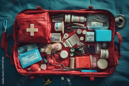 Home first aid kit on a blue background. The elements of the first aid kit are laid out on the table, generative ai