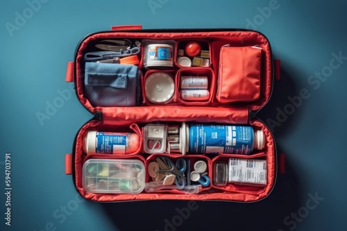 Home first aid kit on a blue background. The elements of the first aid kit are laid out on the table, generative ai