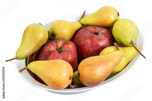 apples and pears in a bowl isolated on a transparent background
