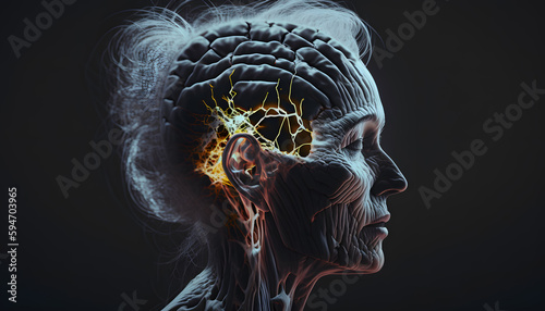 Disease dementia, memory loss. Human losing parts of head as symbol of decreased mind function alzheimer. Generation AI