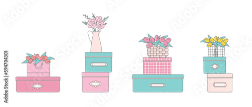 Girls room interior with boxes, bouquets of pink, yellow tulips. Flowers in a buskets. Vector flat illustrations for card, tag, package