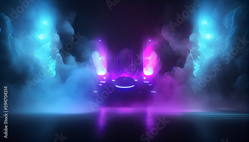 Dark neon stage with blue purple neon smoke in background. Neon empty stage Ai generated image
