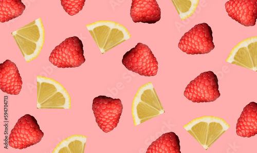 un pattern creato da lamponi e fette di limone con sfondo colorato, lamponi e limoni  isolati