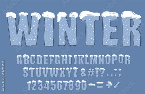 Winter trendy alphabet. Hand drawn doodle latin alphabet letters,  numbers and punctuation marks with snow. For poster, banner, T shirt design. Vector illustration