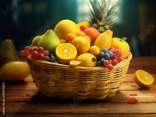 assorted fresh fruits in a basket on traditional wooden background