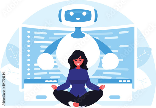 Woman relaxing. Woman doing yoga in the background  of AI robot assistant. Online customer support. The girl sits in the lotus position. Charging to raise the energy of the body. Vector graphics