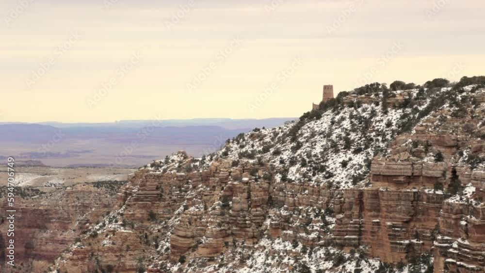 Desert View Watchtower and Grand Canyon National Park in winter with snow in Arizona, USA