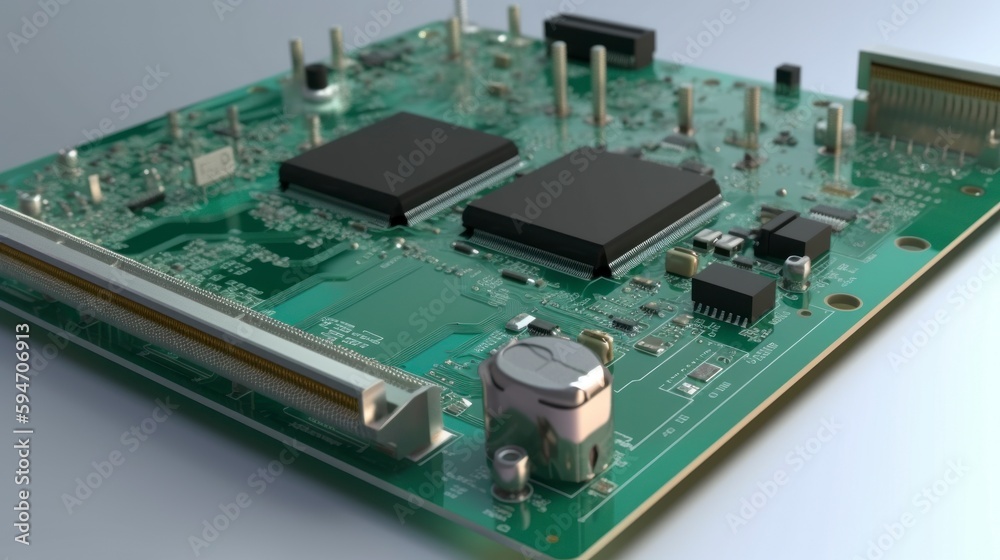 a close up view of an electronic circuit board hardware, schematic pcb illustration, micro chip core, capacitor printed ai computer, light indigo and green, generative ai a close up view of an electronic circuit board hardware, schematic pcb illustration, micro chip core, capacitor printed ai computer, light indigo and green, generative ai