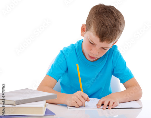 Education, writing and notebook with boy on png for learning, knowledge and study. Homework, school and assessment with young student isolated on transparent background for child development
