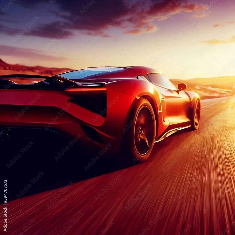 red sports car on the road at sunset ai generate