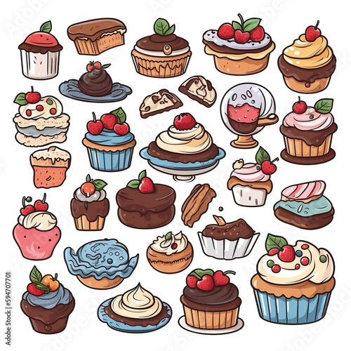 Cake cupcake pastry dessert sweet icon set doodle cute cartoon AI Generated 