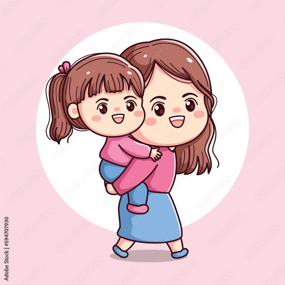happy mothers day illustration of mother and daughter kawaii chibi flat character