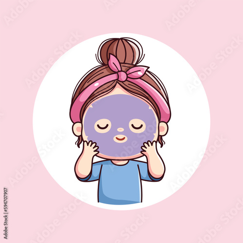 Cute girl with skincare sheet mask daily activity routine with pink headband kawaii chibi flat character