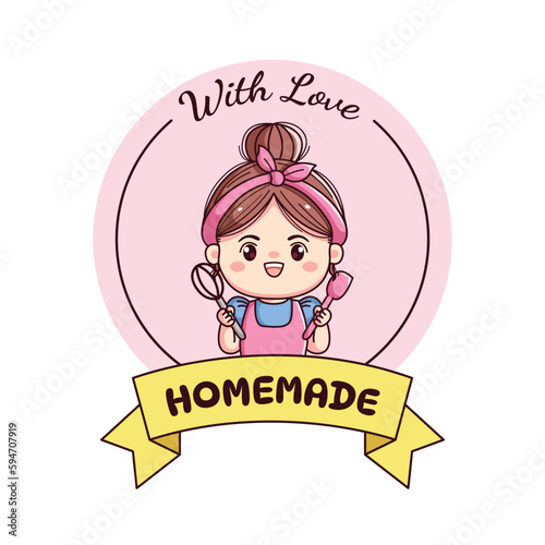 Food or bakery label logo with ribbon chef character homemade cute character chibi kawaii