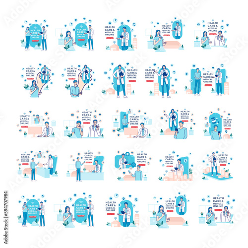 Telehealth, telemedicine, online doctor, online clinic and medical service online. Healthcare, medical, telemedicine, Telehealth concept. Patient consultation. Hand draw style. Vector illustration.